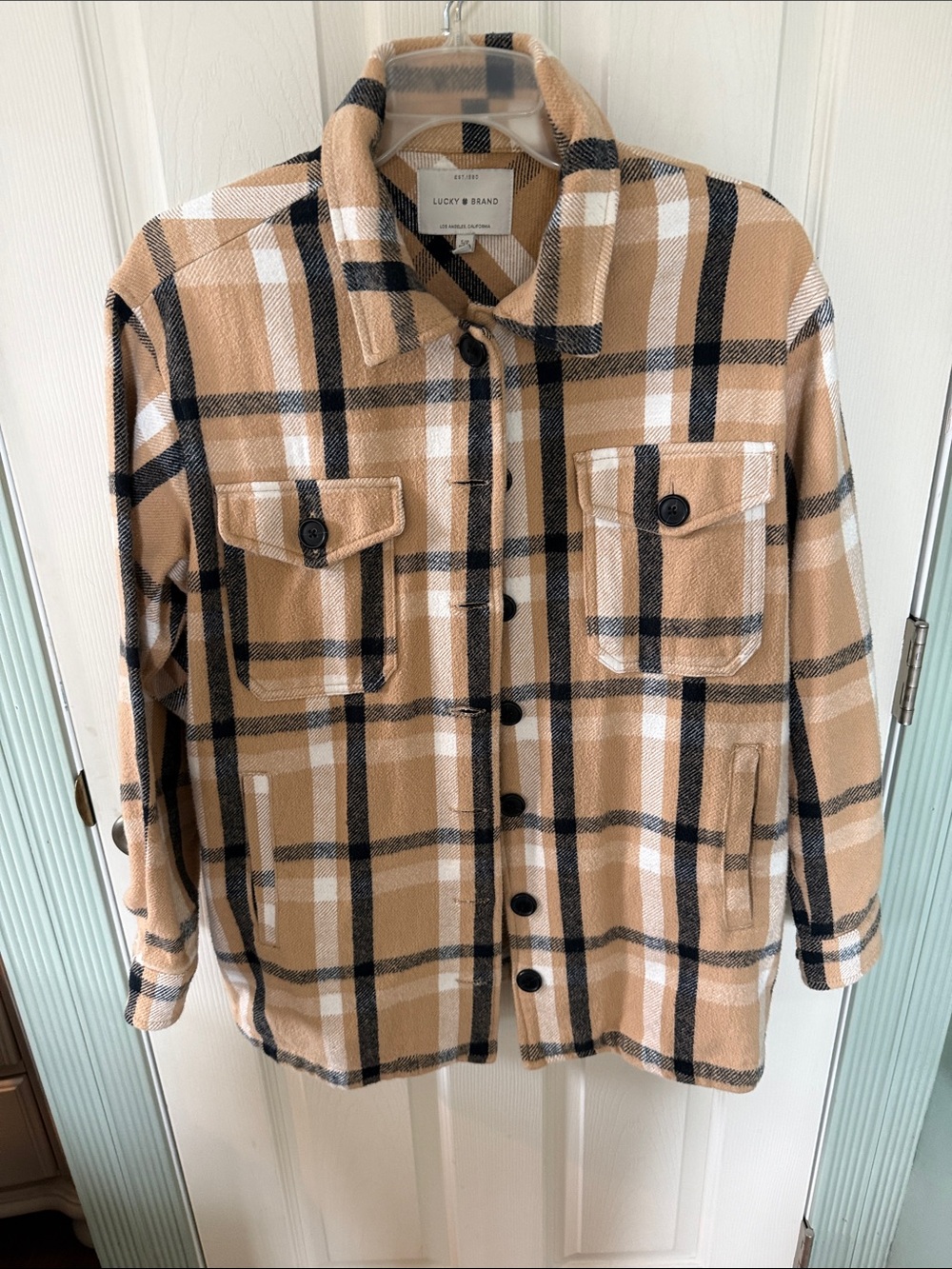 Lucky Brand Camel Black White Plaid Button-Up Shacket